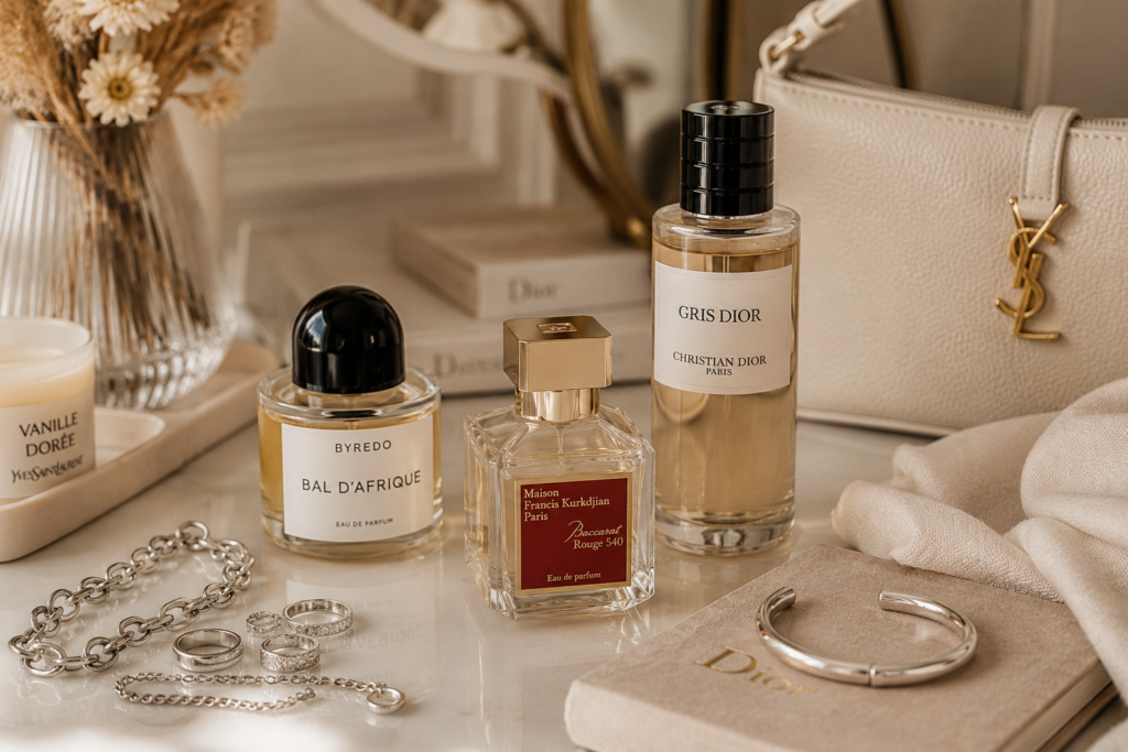 2026 perfume trends with elegant luxury perfume aesthetic and neutral beauty styling