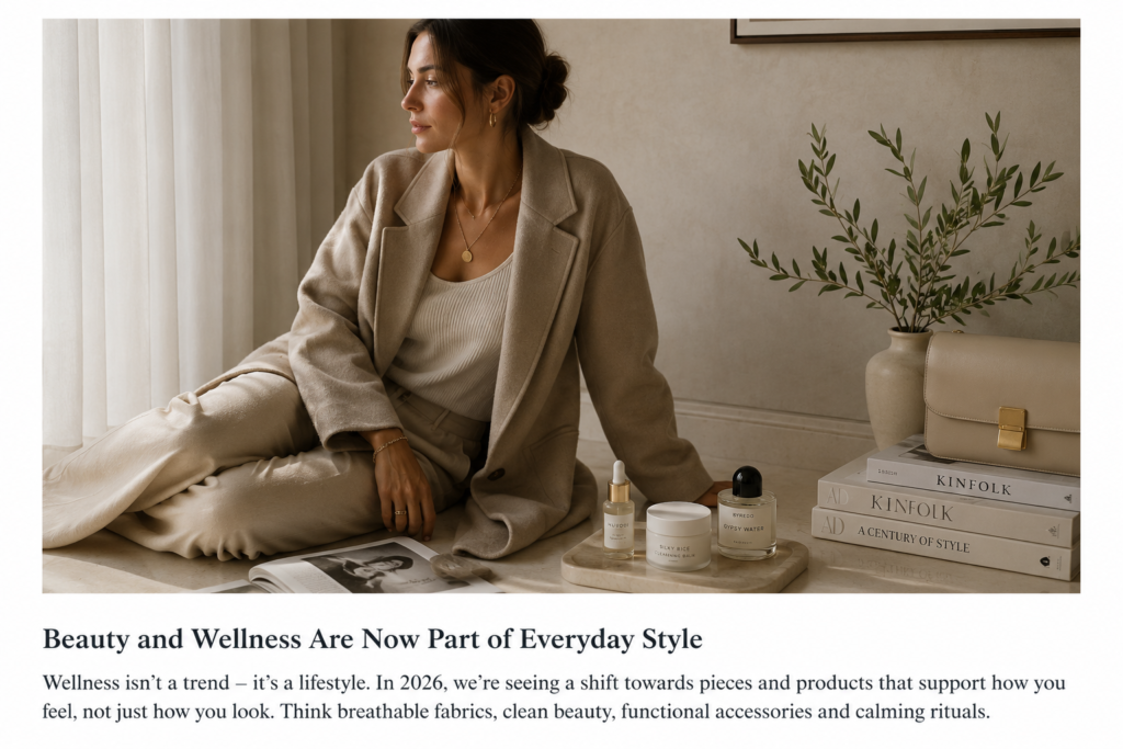 wellness wardrobe trend 2026 with calm luxury fashion aesthetic