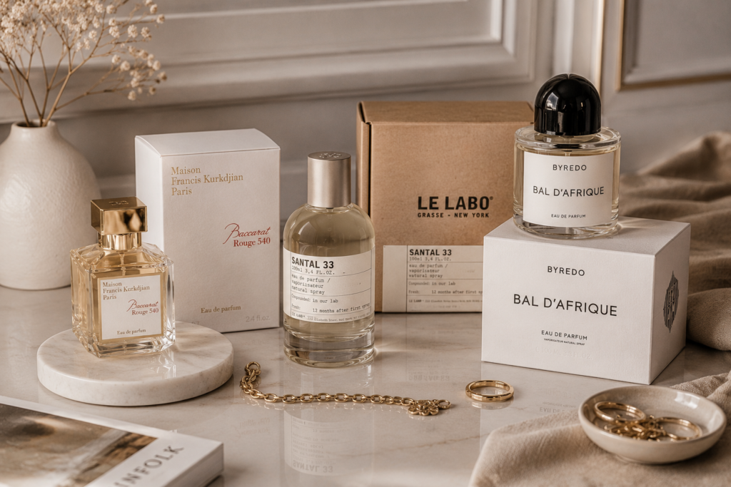 Premium luxury perfume bottle aesthetic with elegant minimal packaging and neutral beauty styling