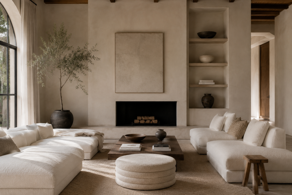 modern quiet luxury home interior with neutral tones, soft natural lighting, linen textures, and minimalist elegant wellness-inspired design