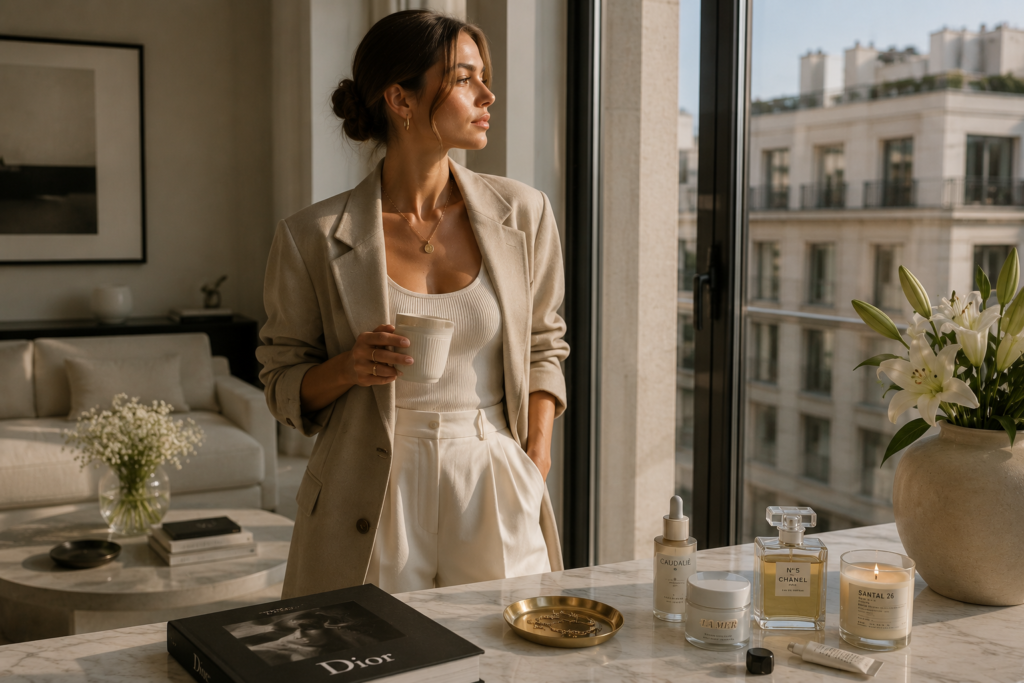 Elegant clean girl luxury aesthetic with neutral fashion, glowing skin and calm wellness-inspired lifestyle setting