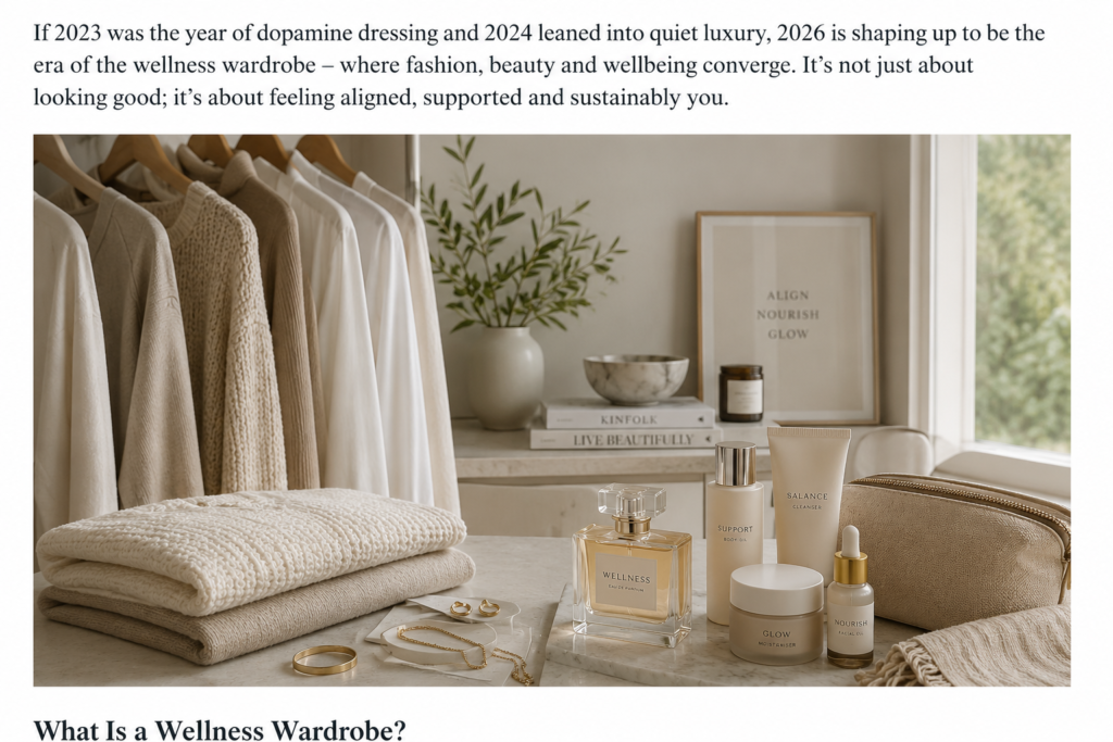 Calm luxury wellness wardrobe with neutral fashion and beauty aesthetic in modern lifestyle setting