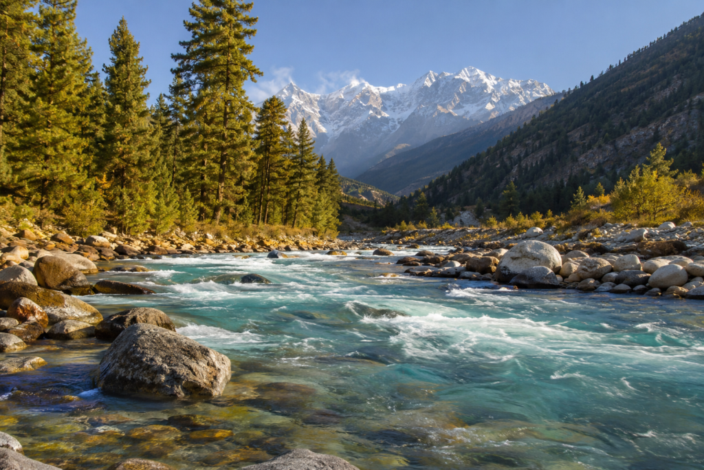 Harsil Valley Uttarakhand with snow-capped Himalayan mountains and Bhagirathi River
