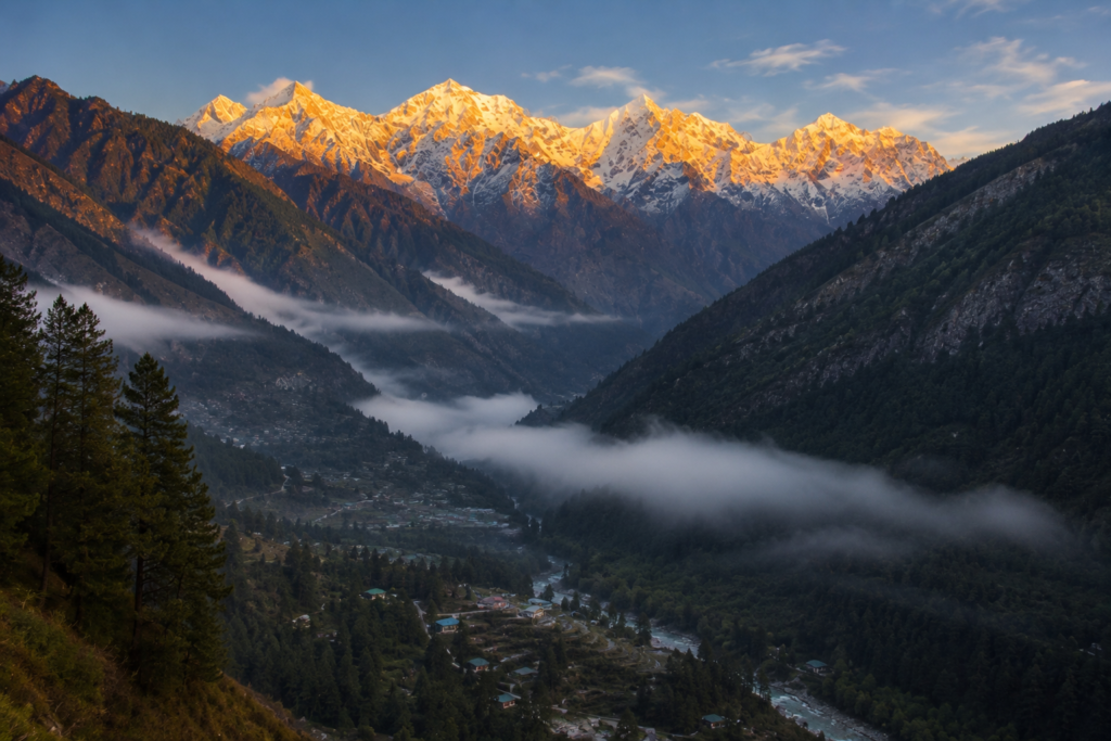 Sunrise view over Harsil Valley Himalayas